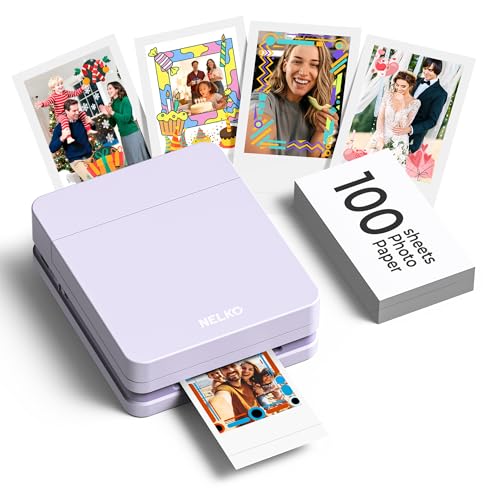 Nelko PP01 - Impresora fotográfica portátil con 100 hojas de papel y cartucho de tinta, impresión instantánea de fotos para iOS/Android, mini impresora de tamaño de bolsillo con divertida aplicación