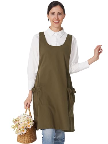 Image of Cozy Adjustable Cross Back Aprons for Women with Pockets Cotton Linen Cooking Kitchen Baking