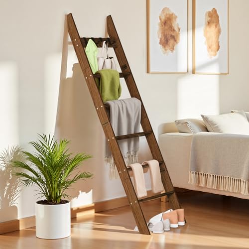 6-Tier Blanket Ladder for Living Room, 5.6FT Pine Wood Quilt Rack...