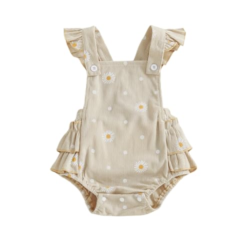 Image of Thorn Tree Baby Girl Summer Clothes Newborn Outfit Ruffle Romper Infant Baby Dress Bow Headband Solid Cute Outfits Girls (Khaki, 6-9 Months)