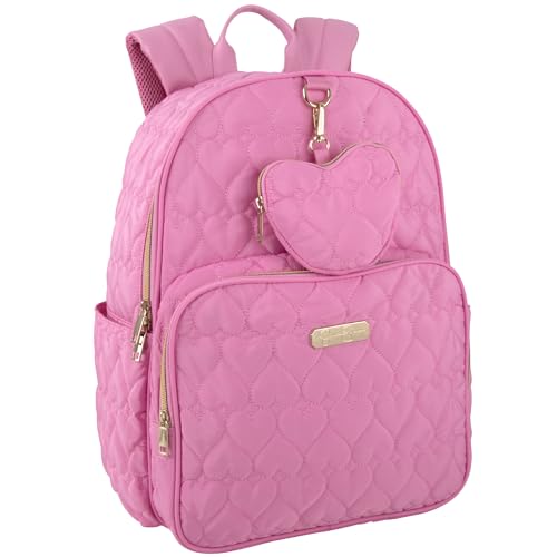 Jessica Simpson Sac à dos pour ordinateur portable avec poches latérales, portefeuille | 2 pièces pour femme, Cœurs roses matelassés, Large, Sac à dos...
