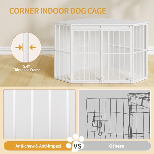 Hzuaneri Eck-Hundekäfig, Hundebox für Zuhause, Hundekäfig Möbel mit Kissen und Schiebetüren, Moderne Hundebox Holz Indoor Klappdeckel für Mittelgroße Kleine Hunde, 107 x 59,6 x 64 cm, Weiß DFC85903W