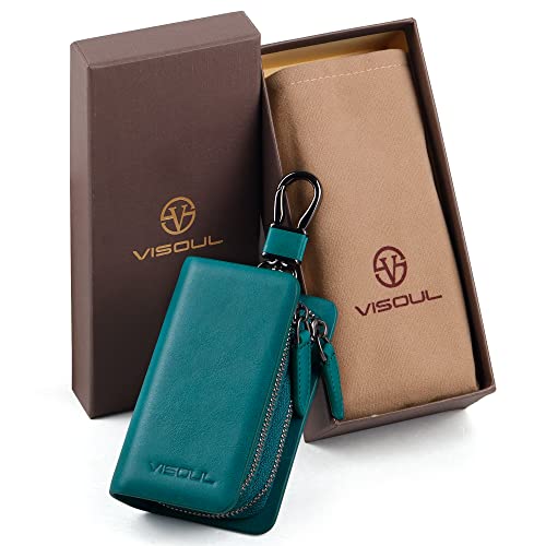 Image of VISOUL Car Key Case Holder Double Zipper, Leather Car Smart Key Fob Case with Keychain for Men and Women