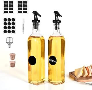 Miorkly Oil Bottle 500ml 2 Pcs Oil Dispenser, Oil and Vinegar Dispenser Set, Lead Free Glass Material, Olive Oil Bottle/Vinegar Bottles/Wine Bottles, With Oil Pourer, Cork, Label, Pen and Funnel