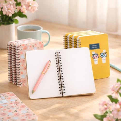 Image of mudrit Pocket Size Notebook, Small Spiral Diary, 120 Plain Pages, 90 GSM ideal for Gratitude List, Daily Goals Planner, To Do List Organiser, Size A6 (Pack of 8 - Pink, Blue, Peach & Yellow)