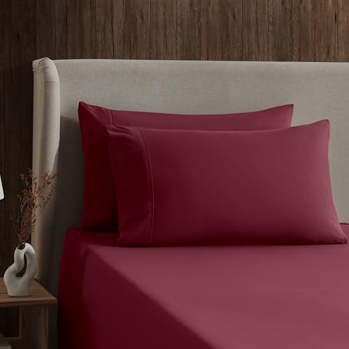Image of Nestl Split King Bed Sheet Set - Burgundy Red - 5-Piece Deep Pocket | Instantly Soft, Night-One Ready (No Wash Required). Fits 16-Inch Deep Pockets, 360-Degree Elastic Grip