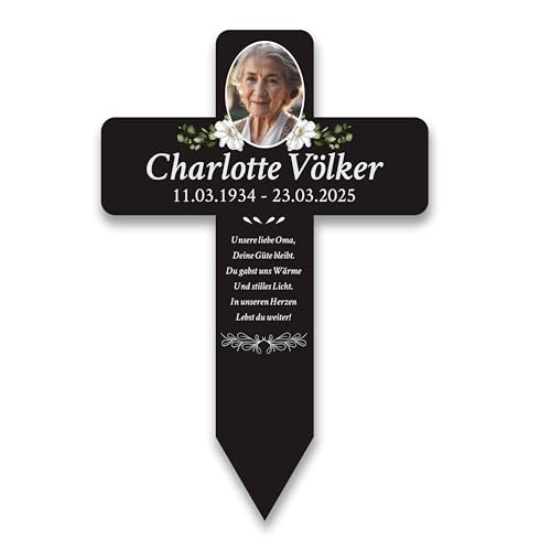 LAUBLUST Personalisiertes Acryl-Grabkreuz als Grabschmuck für Menschen mit Wunschtext | Grabstecker Kreuz mit Foto als Deko & Grabkreuz mit Name - Blumen Motiv, 2 Größen | Grabschmuck mit Gravur