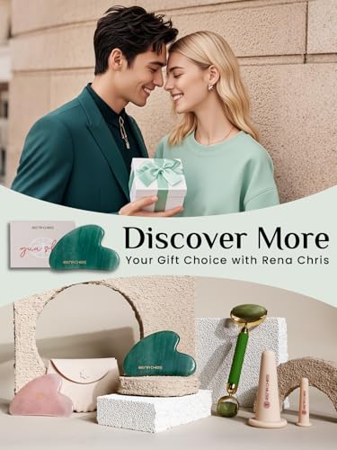 Image of Rena Chris Gua Sha Facial Tools: Jade Stone Guasha Tool for Face Acupuncture Therapy, Facial Massager for Jawline Sculpting and Puffiness Reducing (Green)