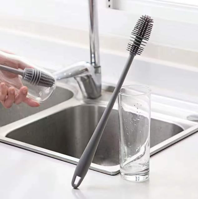 2Pcs Baby Bottle Brush, Long Silicone Bottle Brushes for Cleaning long bottle brush, Glass Cups, Thermoses, Various Containers Durable Gentle Cleaning Solution (Grey) - Image 2