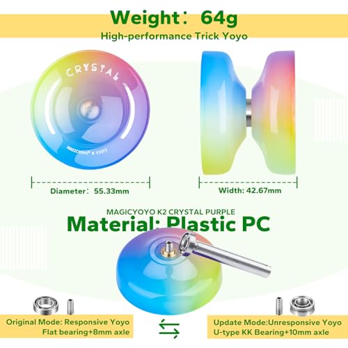 Image of MAGICYOYO Responsive Yoyo for Kids 8-12 & Beginners, Professional Yoyo K2 Crystal, Dual Purpose Yo Yos for Adults with Extra Unresponsive Yo Yo Bearing, 12 Yo-Yo Strings, Glove ( Yellow Pink Blue )