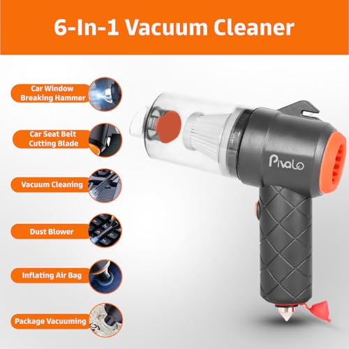 Pivalo 6-in-1 Vacuum Cleaner with Filter 4 Nozzles USB Cable Hammer Seat Belt Cutter Power Suction Rechargeable Battery Mini Car Air Blower for Dry Cleaning Car Home Office Traveling (1Pc, Black)