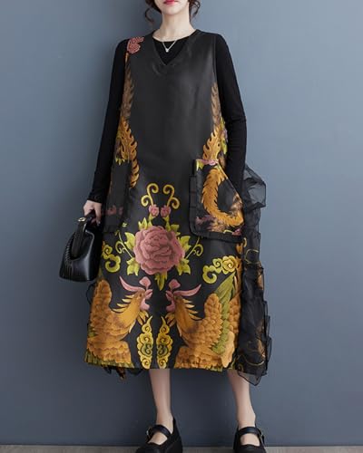 ellazhu Women's Funky V-Neck Vest Side Slit With Lace Floral Print Sleeveless Outerwear GZ145 A4