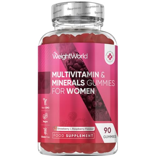 Multivitamin Gummies for Women - 13 Active Ingredients - 90 Gummies - Natural Strawberry & Raspberry Flavour - Women Multivitamins with Zinc, Calcium, Hyaluronic Acid & Vitamins A, C, B6, B7, B9 & B12