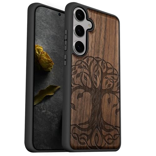 Étui Samsung S25 Plus en bois naturel sculpté au laser, protection élégante et silicone TPU