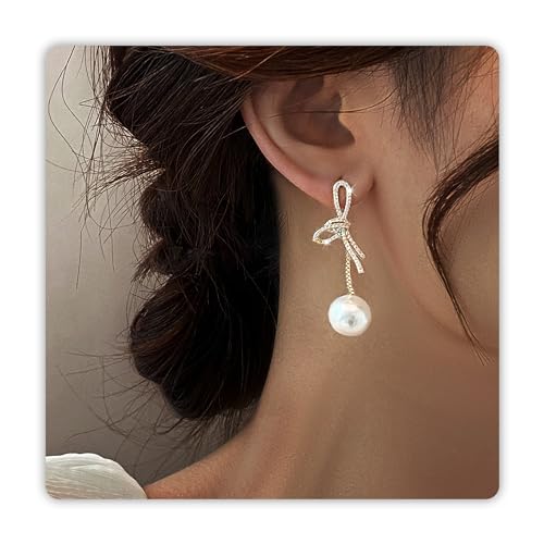 Trinckle Gold Bow Earrings, Pearl Dangle Earings Pearl Bow Earrings for Women as Wedding Gifts, Dainty Bridesmaid Jewelry with Rhinestones, Coquette Pearls Statement Gifts for Bride