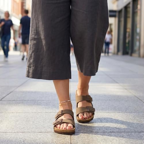 CUSHIONAIRE Lane Cork Footbed Womens Sandals Comfortable Double Buckle Slip On Sandals for Women with Arch Support and Classic Two Strap Design, BROWN 8 - 4