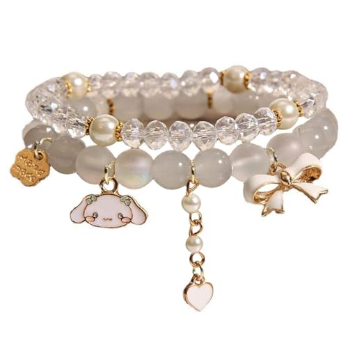 Kawaii Bracelets Crystal Beads Cinnamoroll Bracelet Set Cute Cartoon Elastic Beaded Bow Pearl Bracelets Anime Jewelry Christmas Stocking Stuffers for Women Bff Friendship (White)