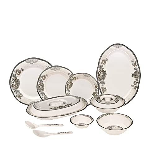 Vajilla de melamina de 36 piezas, diseño contemporáneo de flores, inastillable, ligero, platos y cuencos artesanales de doble cuenta, cena de esmaltes reactivos sólidos (flores grises)