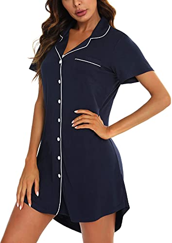 Image of Samring Pajama Nightgown for Women Short Sleeve Button Down Boyfriend Night Gown Nightdress Sleep Shirts