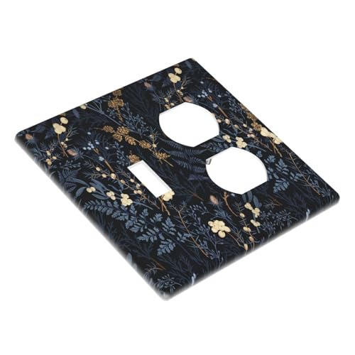 Decorative Outlet Covers Rustic Navy Dark Blue Leaves Golden Floral 2 Gang Outlet Cover Wall Plate Single Toggle Duplex Light Switch Cover Plate Switch Plate Covers for Bedroom Decor