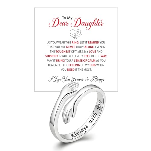 To My Daughter Hug Ring For Hope Rings Inspirational Stainless Steel Engarved With Always With You Message Adjustable Ring for Women Non Tarnish Jewelry Gift for Her Birthday Christmas (Hug-Daughter)