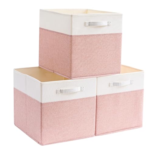 Mangata Lot de 3 boîtes de rangement cubiques en tissu pour bacs à vêtements, paniers, coffres, jouets (rose/blanc crème) 30 x 30 x 30 cm