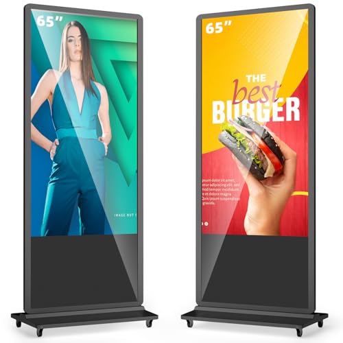 MWE 65 Pulgadas 4K Pantalla Publicidad con 4 Ruedas, Señalización Digital, LCD Monitor Vertical, Sistema Android, Adecuado para Tienda, Restaurante, Centro Comercial, Negro