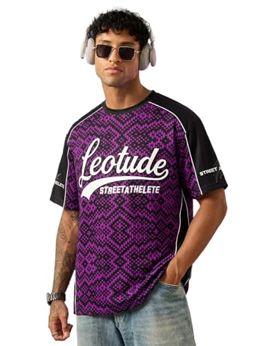 Image of LEOTUDE Oversized Sports T-Shirt for Men | Streetwear Printed Half Sleeve Round Neck Jersey Style Tee | Casual Gym & Athleisure Wear (Color:Purple)