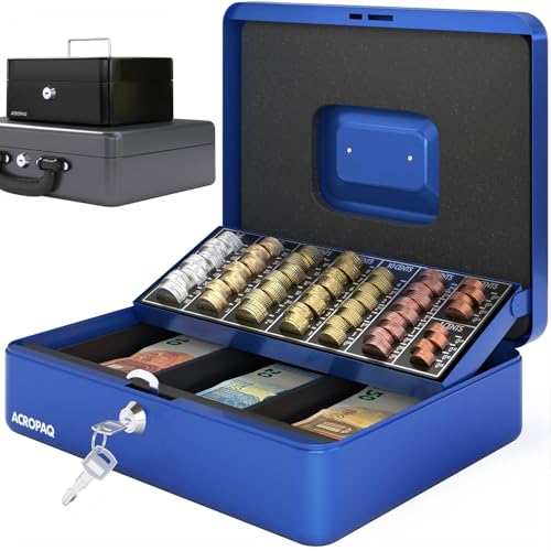 ACROPAQ Caisse à monnaie - Grande espace pour les Billets et pièces, Avec monnayeur et 2 clés, Poignée de transport robuste, 100% en sécurité - Bleu