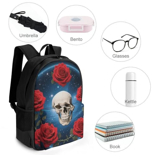 Supdreamc Polyester Daypack Backpack for Climbing Outdoors Running - Big Capacity Multipurpose Anti-Theft Bookbag, Skull And Red Rose Art Travel Hiking & Camping Rucksack4