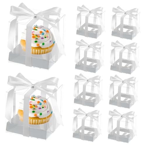 Cabilock 10pcs Transparent Cupcake Packing Boxes Cake Holders with Ribbon Inserts for Wedding and Dessert Presentation for Cupcakes Cookies and Party Favors