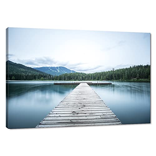 dock painting - Yatsen Bridge Large Summer Painting on Canvas Wall Art Forest Lake Dock Mountains Landscape Pictures for Bedroom Wall Decoration Home Decor Birthday Gifts Set Framed Ready to Hang(44''W x 28''H)
