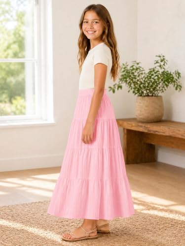 Image of Girls Tiered Maxi Skirt Boho Flowy Peasant Long Skirt for Kid 7-14