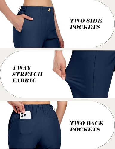 Little Donkey Andy Women's Stretchy Straight Leg Dress Pants Business Casual Elastic Waist Cropped Work Pants with Pockets Blue M4