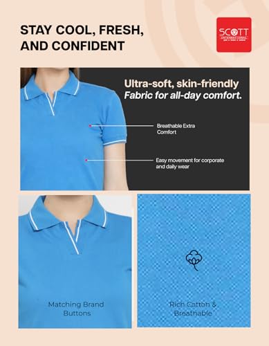 Image of Scott International Women's Cotton Polo T-Shirt | Half Sleeve Plain Collar Tee | Stylish Casual Top | Plain T-Shirt for Girls | Workwear for Office & Casual Wear