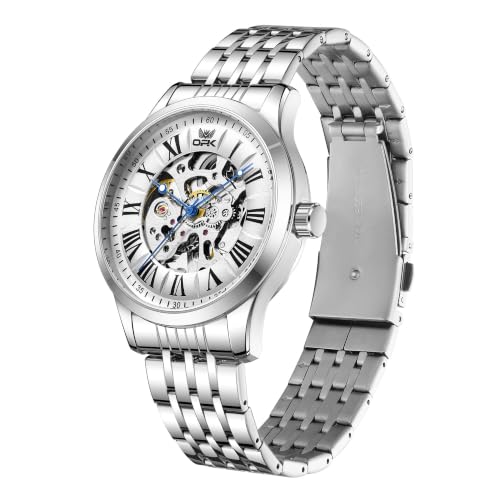 Image of OPK Men's Automatic Mechanical Watch Skeleton Black Dial with Roman Numerals Silver Stainless Steel Bracelet Waterproof Luxury Dress Wristwatch