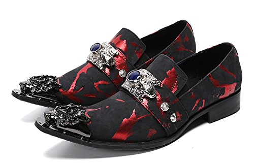 Santimon Men's Dress Shoes Suede Leather Multicolored Dragon Metal Tip Single Strap Gold Crystals Bead Wedding Formal Loafers