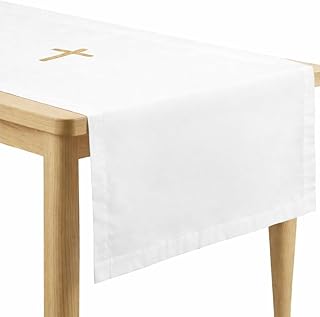 White Altar Cloth - Gold Cross Embroidery, Communion Tablecloth for Church, Baptism, First Communion, Holy Ceremony (62 x 24 Inches)