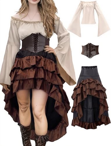 Ginkago 3PCS Mittelalter Piratenkostüm Set Mittelalter Kleid Damen mit Piraten Korsett Oberteil Rock Faschingskostüm für Halloween Karneval Cosplay...