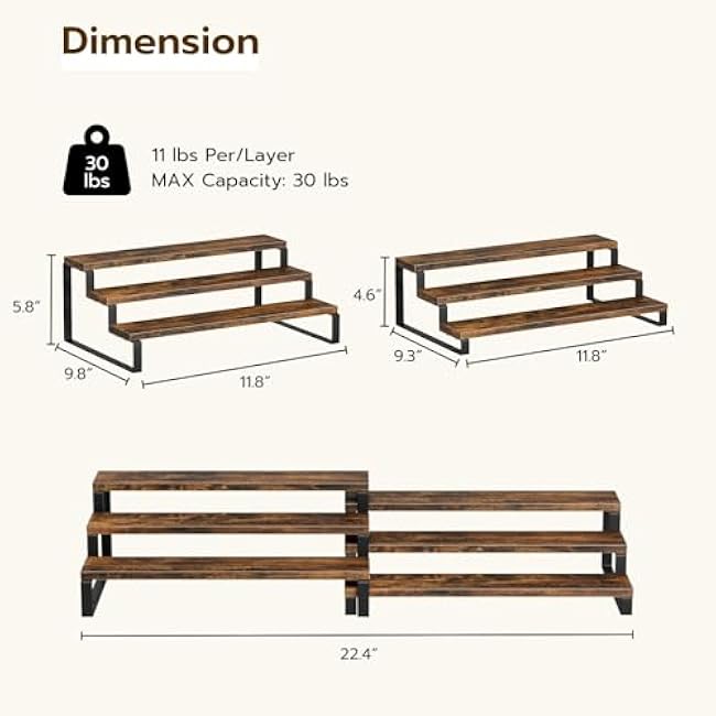 TEMI 3 Tier Spice Rack Organizers - 11.8 Inches Expandable Cabinet Organizers for Kitchen Organization, Rustic Brown Wood and Metal Tiered Shelves for Jars and Spices, Easy to Assemble, Set of 2