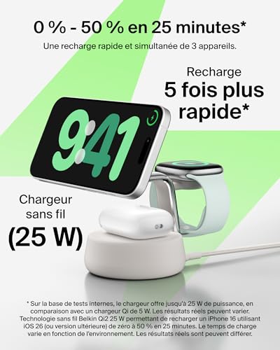 Belkin UltraCharge Pro 3 en 1 Chargeur Induction Qi2 25W, Station de Charge pour iPhone 17, iPhone Air, Apple Watch, AirPods, Pixelsnap, Compatible avec MagSafe avec Ventilateur, Chargeur 45W - Beige – Image 3