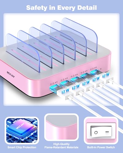 Image of MSTJRY Charging Station for Multiple Devices : 5 Port Multi USB-A Charger Stations Multi-Device Organizer Charging Dock Designed for iPhone iPad Cell Phone Tablets (7 Short Cables Included), Pink