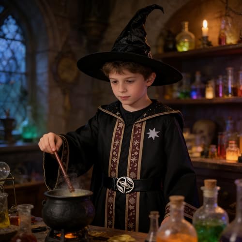 Disfraz de mago oscuro infantil con gorro y varita miniatura 7
