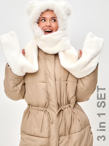 LATTEMARMALATTE Cute Cat Ears Winter Hat, 3 in 1 Plush Animal Hat with Mittens & Scarf, Faux Fur Hood for Kids Adults2