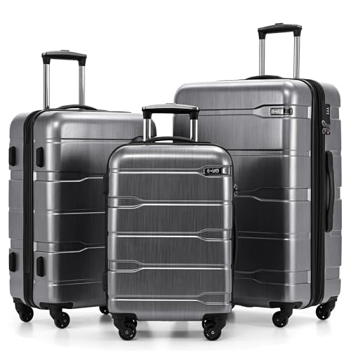 Coolife Luggage Set 3 Piece Hardside PC+ABS Suitcase with TSA Lock, Expandable Large Checked Luggage, Lightweight Rolling Carry On with Spinner Wheels(20/24/28 Inch, Charcoal)