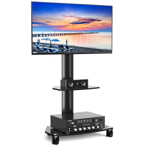 RFIVER Obrotowy stojak na telewizor na kółkach, do telewizora 68.6 cm–165.1 cm, mobilny wózek na telewizor z regulacją wysokości, nośność 50 kg, na płaski i zakrzywiony ekran, maks. VESA 400 x 400 mm