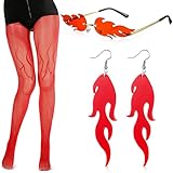 Funnysoft 3 Pcs Halloween Fire Costume Accessory Flame Glasses Fishnet Tights Dangle Drop Earrings for Halloween Cosplay