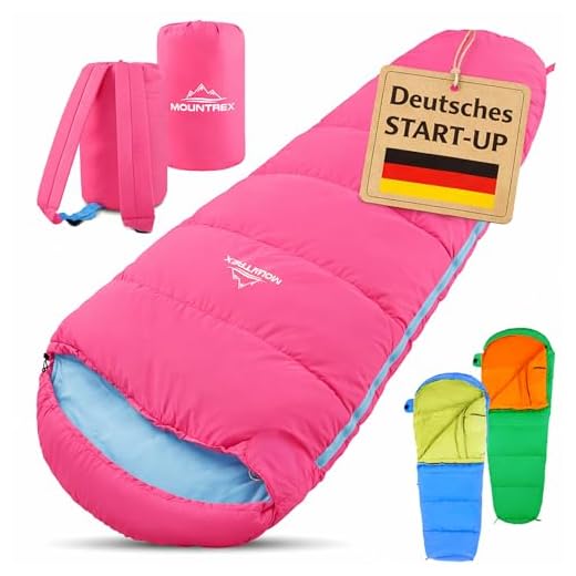 MOUNTREX Kinderschlafsack 5°C / 15°C – 100 % Baumwolle Innenfutter – Schlafsack für Kinder 175×70 cm – Leicht & Kleines Packmaß, Tragbar wie EIN Rucksack – Ideal für Camping & Kindergarten