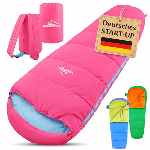 MOUNTREX Kinderschlafsack 5C / 15C 100% Baumwolle Innenfutter Schlafsack für Kinder 175×70 cm Leicht & Kleines Packmaß Tragbar wie EIN Rucksack Ideal für Camping & Kindergarten