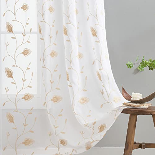 Image of Floral Embroidery Beige Sheer Curtains 84 Inches Long, Rod Pocket Sheer Drapes for Living room, Bedroom, 2 Panels, 52 inchx 84 inch, Semi Crinkle Voile Window Treatments for Yard, Patio, Villa, Parlor.